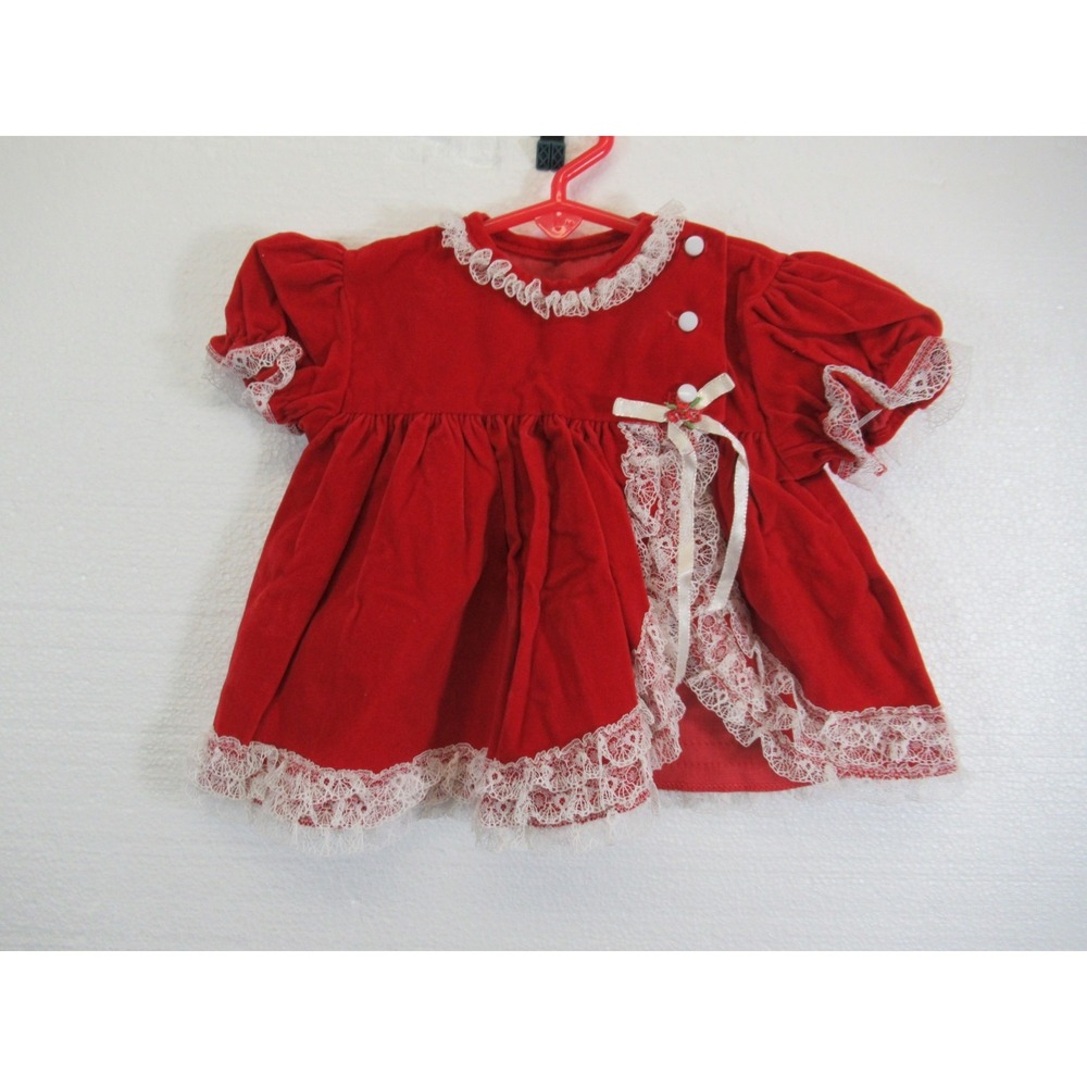 Vintage Sears Velvet Baby Dress 12 Months Red Frilly Lace